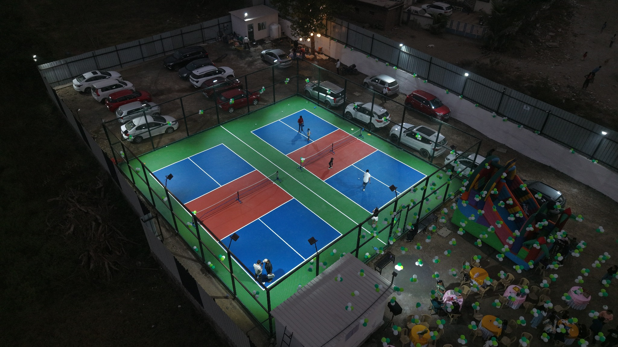 Kick & Pitch pickleball courts in Undri, Pune (night view)